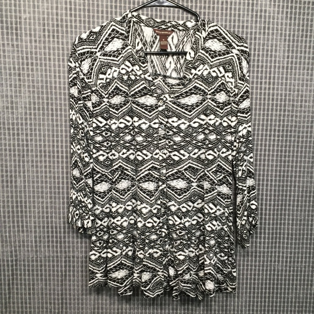 Bit & Bridle Womens Tunic Top Black White M Geometric Tribal Print Rayon‎